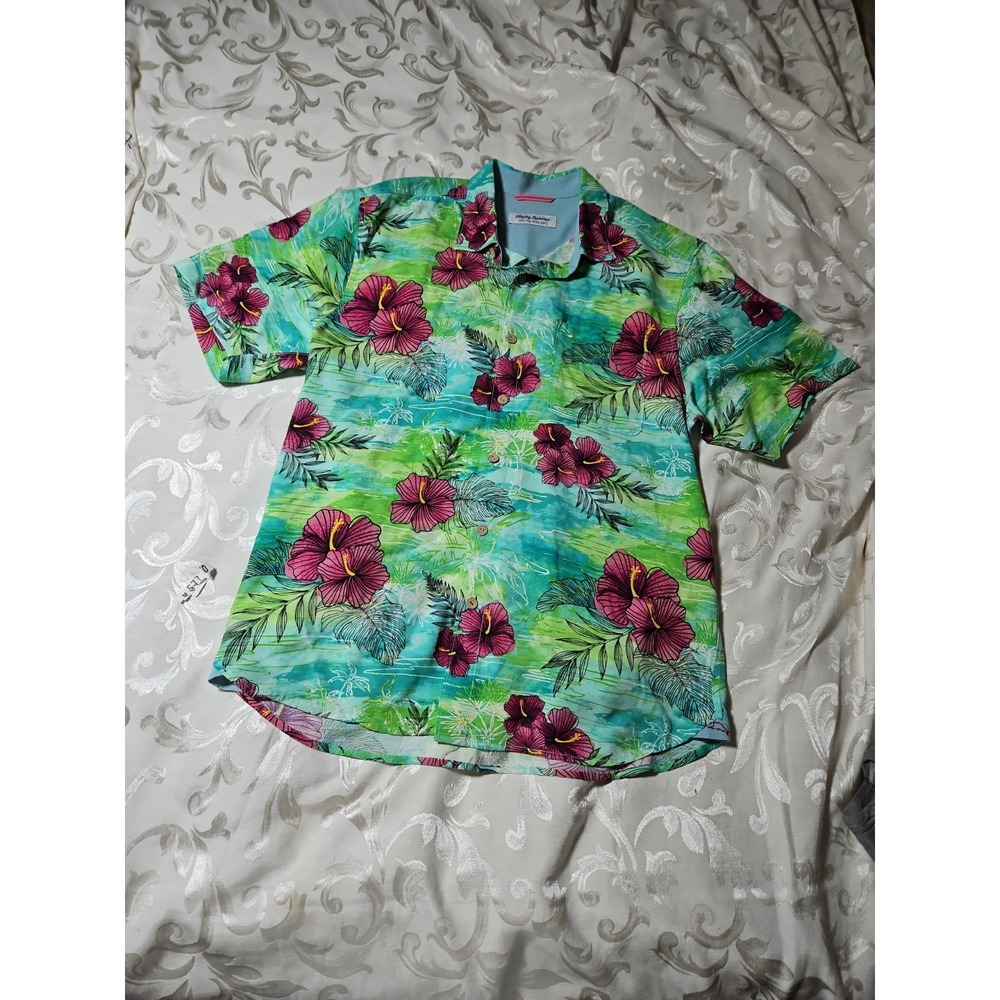 Tommy Bahama Veracruz Cay Hawaiian Shirt Hibiscus Floral Lime/Wine Resortwear M - Picture 3 of 12
